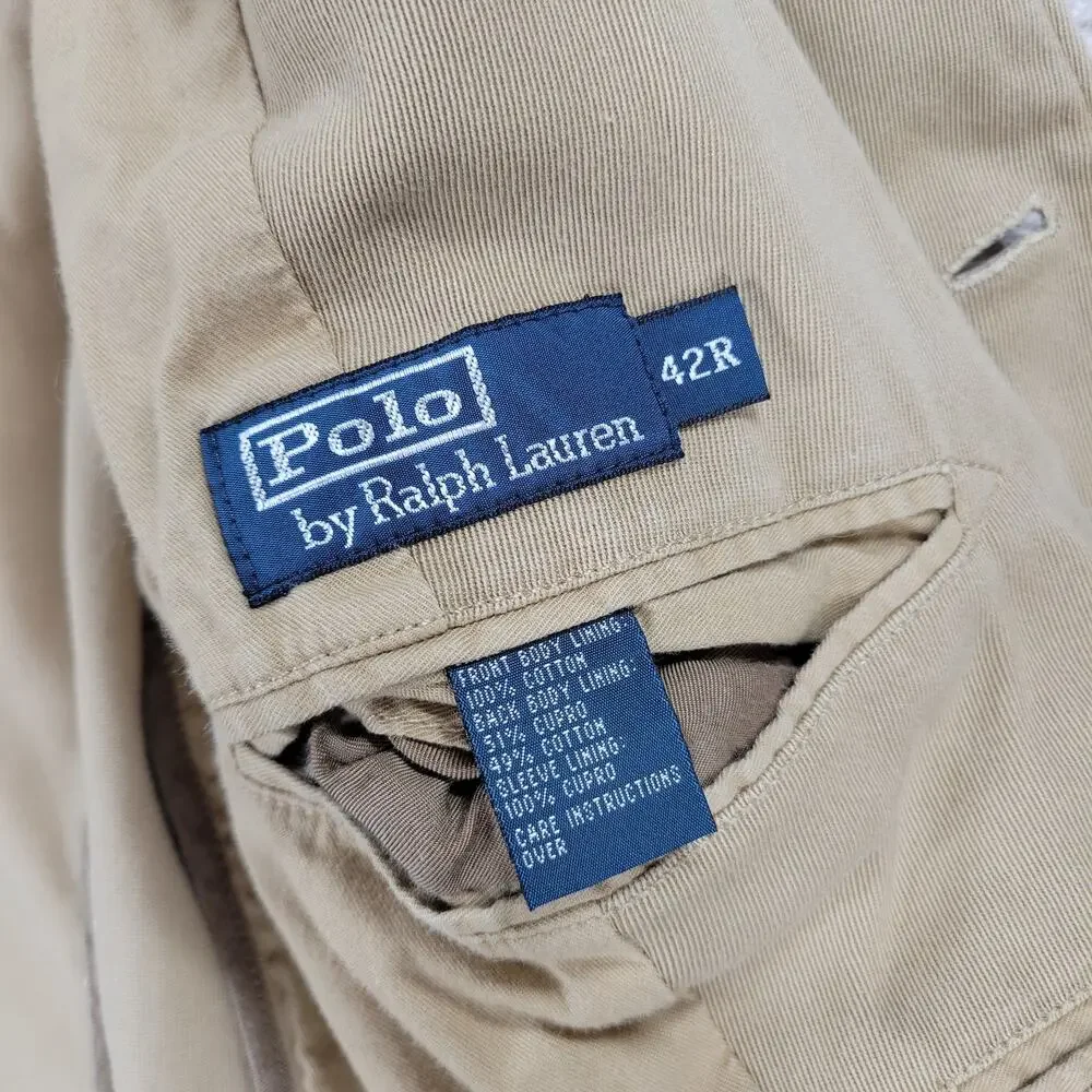 Vintage Polo Ralph Lauren 3 Button Blazer Jacket Mens 42R Khaki Tan Cotton Twill - Picture 2 of 16